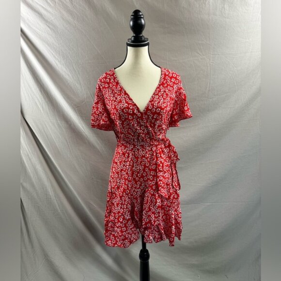 Frenchy Ditsy Floral Print Butterfly Sleeve Ruffle Trim Faux  Wrap Dress - Picture 6 of 9